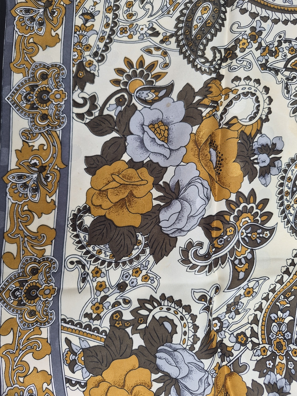 Vintage Floral Paisley Silk Scarf in Mustard, Gray, Black & Cream